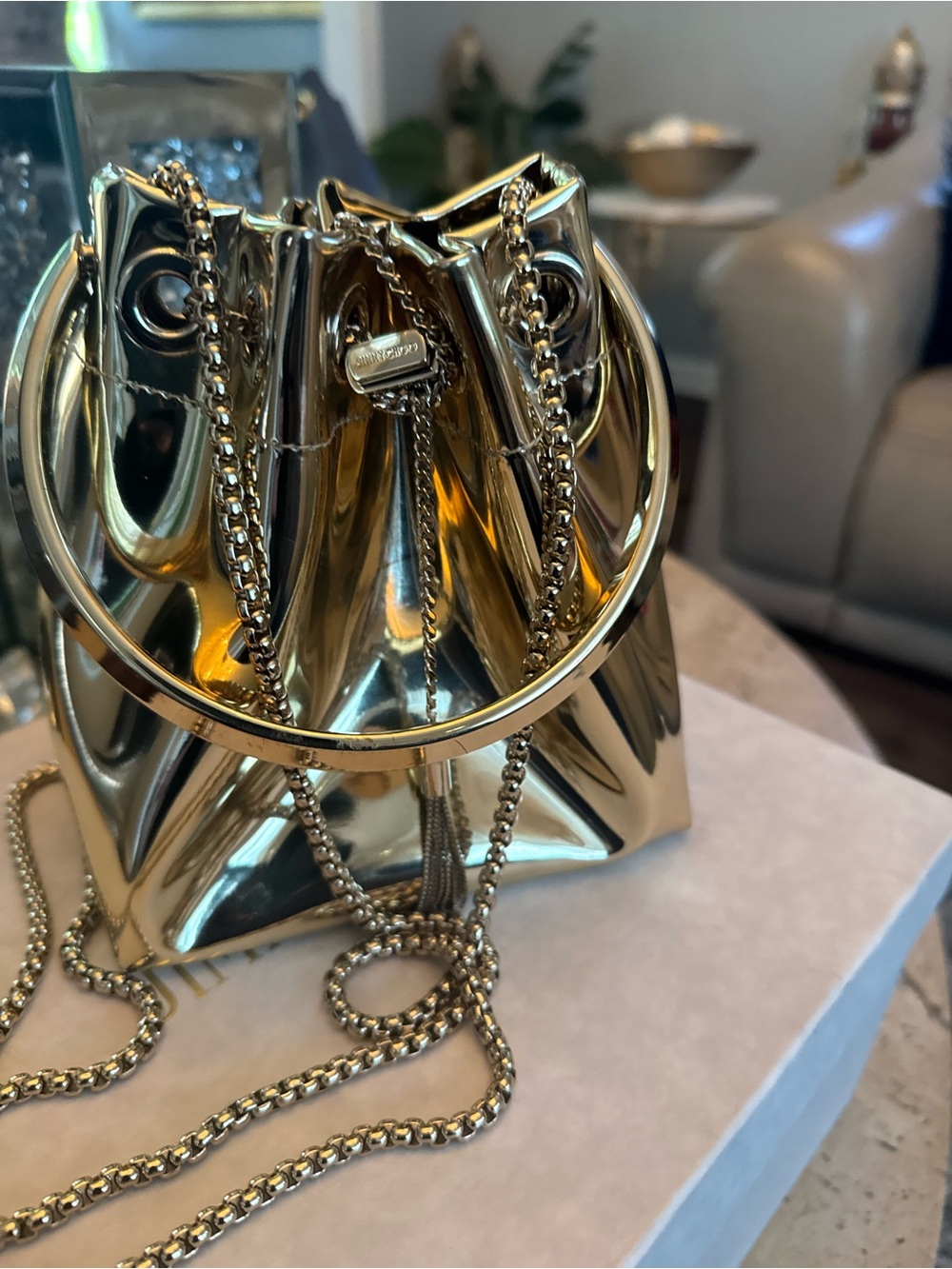 Jimmy Choo Gold Metallic Mini Drawstring Bucket Bag - Picture 2 of 13